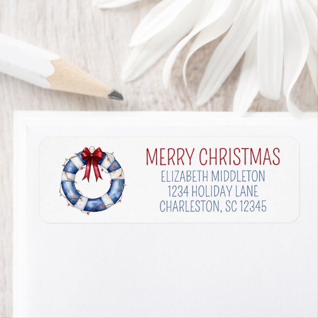 Nautical Christmas Life Preserver With Bow Label (Insitu)