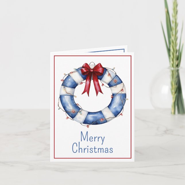 Nautical Christmas Life Preserver With Bow Note Card (Front)