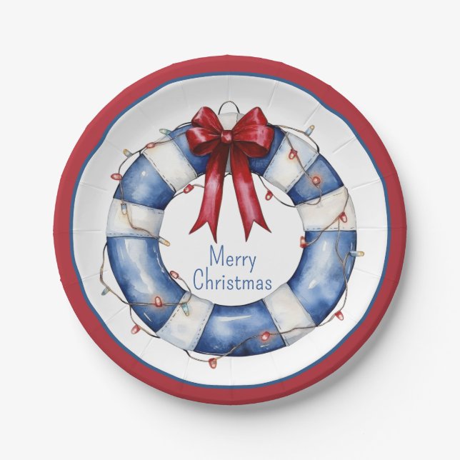 Nautical Christmas Life Preserver With Bow Paper Plates (Front)