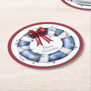 Nautical Christmas Life Preserver With Bow Round Paper Coaster