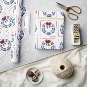 Nautical Christmas Life Preserver With Bow Wrapping Paper