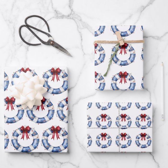 Nautical Christmas Life Preserver With Bow Wrapping Paper Sheets (Front)