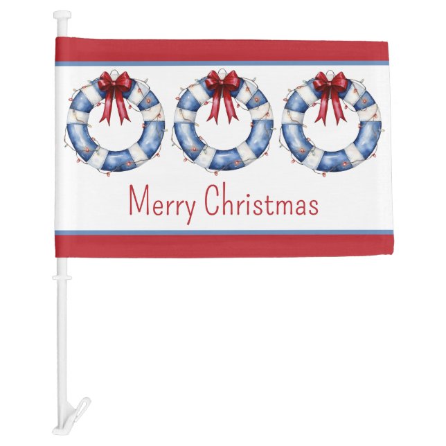 Nautical Christmas Life Preservers With Bows Car Flag (Front)