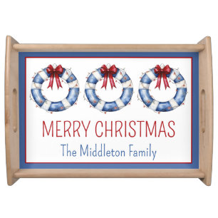 Nautical Christmas Life Preservers With Bows Serving Tray