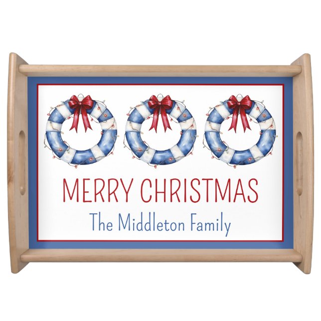 Nautical Christmas Life Preservers With Bows Serving Tray (Front)