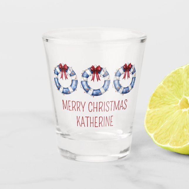Nautical Christmas Life Preservers With Bows Shot Glass (Front)