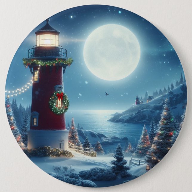 Nautical Christmas lighthouse Button (Front)
