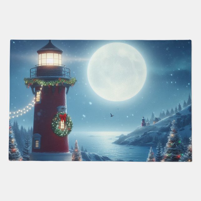 Nautical Christmas lighthouse Doormat (Front)