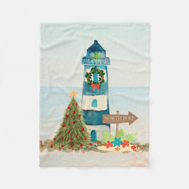 Nautical Christmas Lighthouse Fleece Blanket (Front)