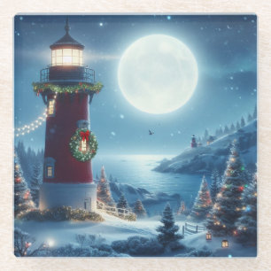 Nautical Christmas lighthouse Glass Coaster