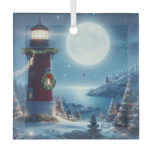 Nautical Christmas lighthouse Glass Ornament
