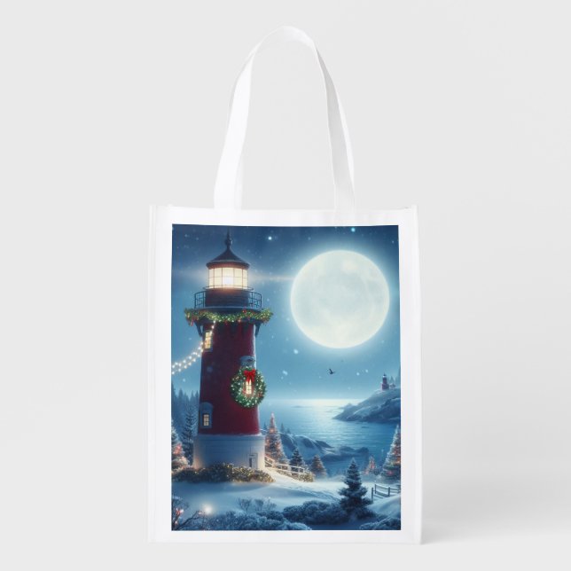 Nautical Christmas lighthouse Grocery Bag (Front)