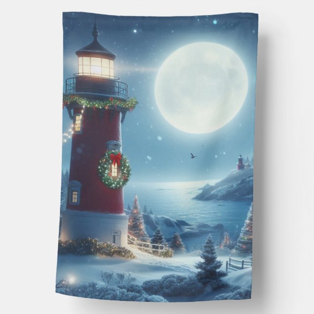 Nautical Christmas lighthouse House Flag (Front)