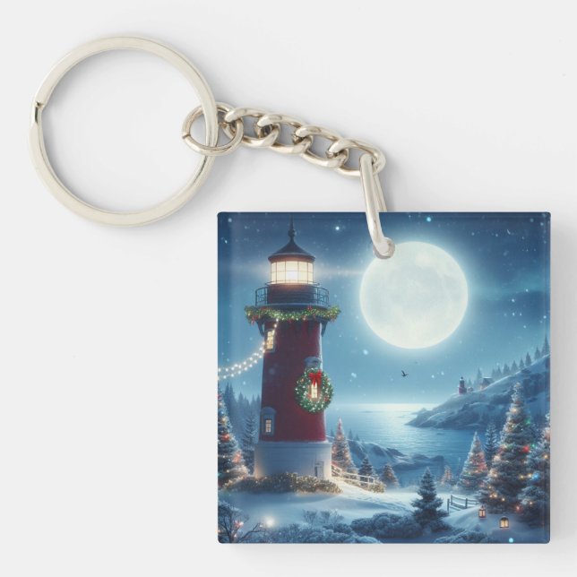 Nautical Christmas lighthouse Keychain (Front)