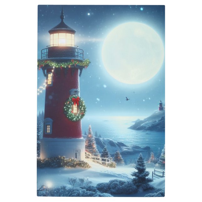 Nautical Christmas lighthouse Metal Print (Front)