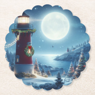 Nautical Christmas lighthouse Paper Coaster