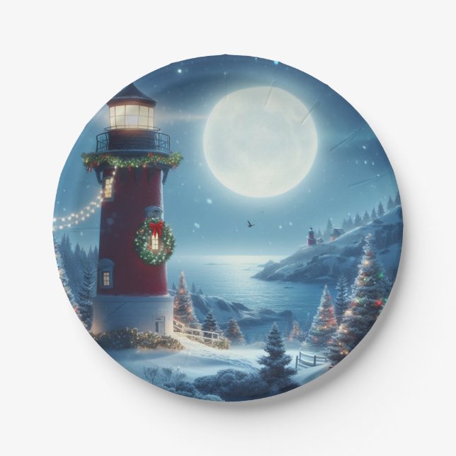 Nautical Christmas lighthouse Paper Plates (Front)
