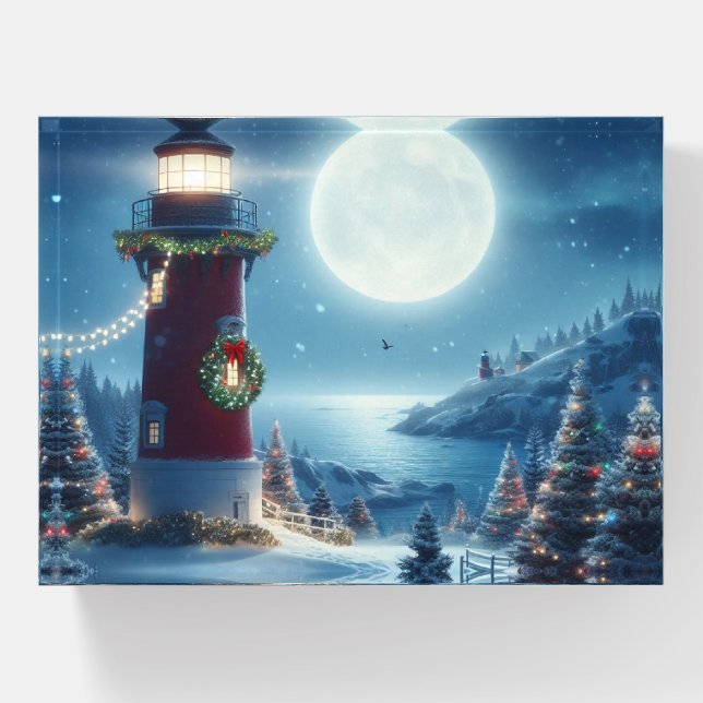 Nautical Christmas lighthouse Paperweight (Front)