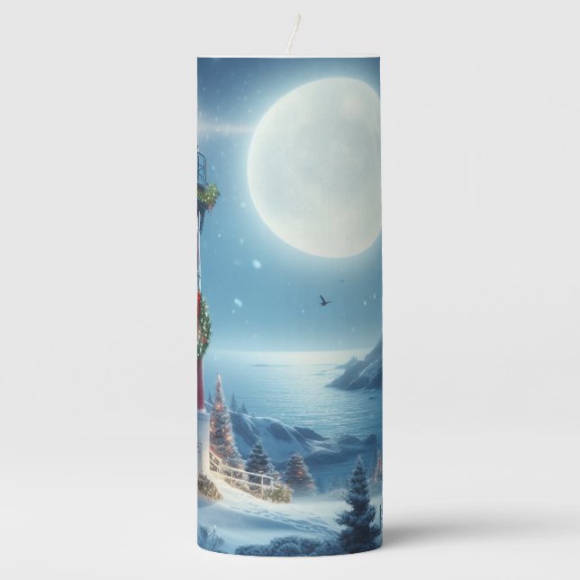 Nautical Christmas lighthouse Pillar Candle (Front)