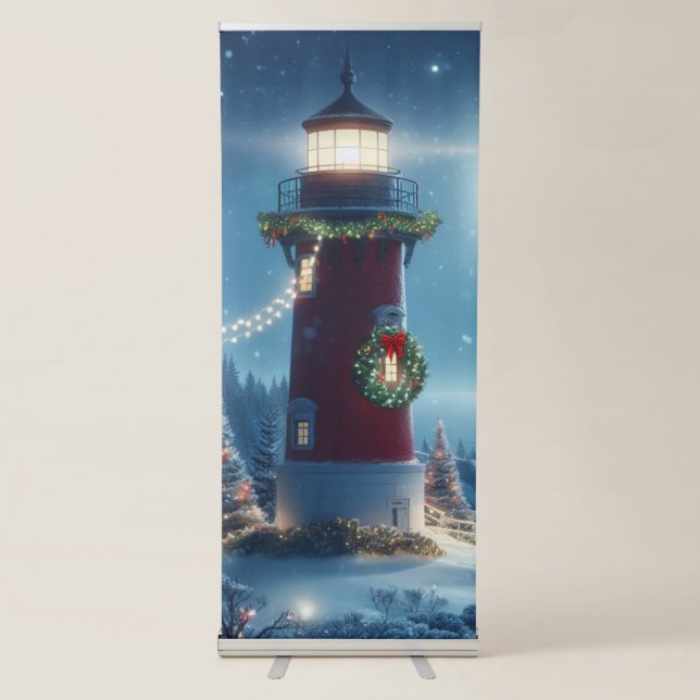 Nautical Christmas lighthouse Retractable Banner (Front)