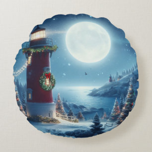 Nautical Christmas lighthouse Round Pillow
