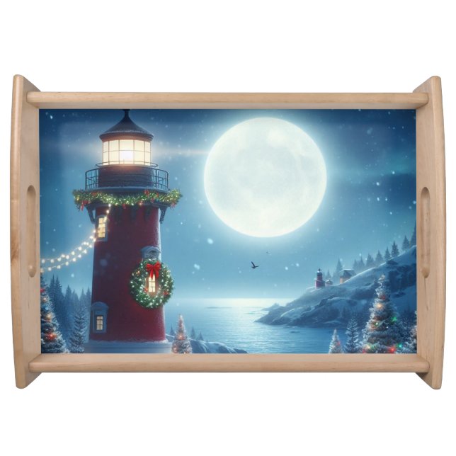 Nautical Christmas lighthouse Serving Tray (Front)