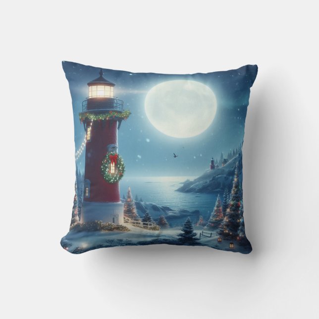 Nautical Christmas lighthouse Throw Pillow (Front)