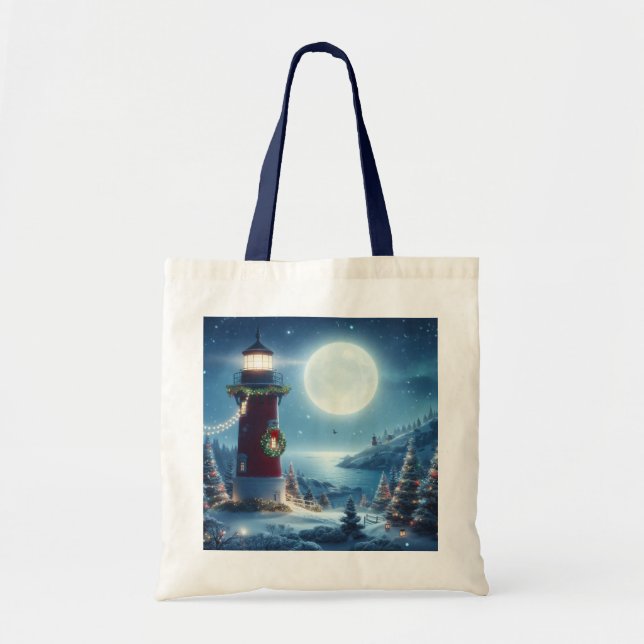 Nautical Christmas lighthouse Tote Bag (Front)