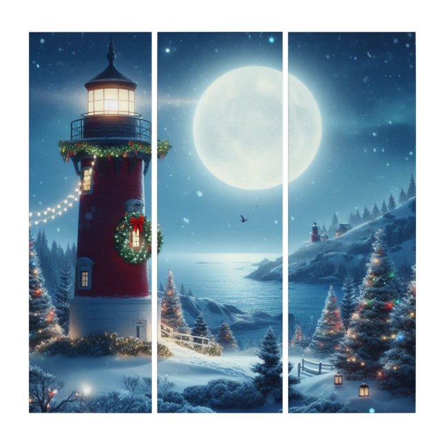 Nautical Christmas lighthouse Triptych (Front)