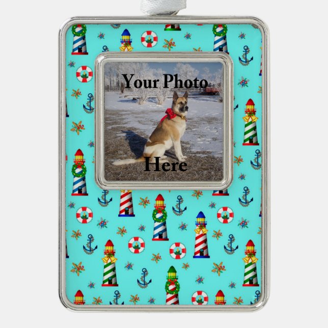 Nautical Christmas Lighthouses Add Your Image Ornament (Front)