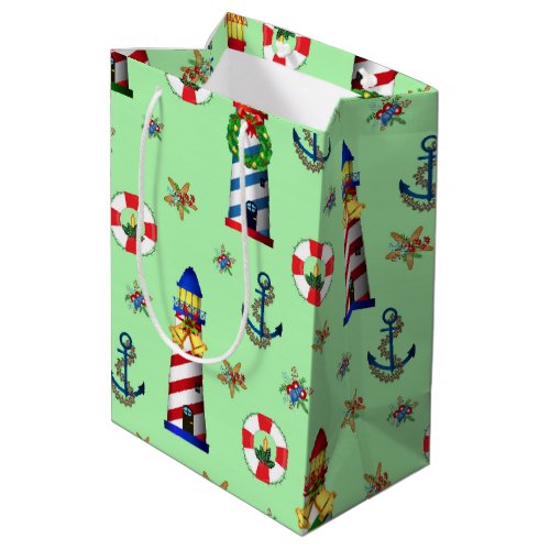Nautical Christmas Lighthouses on Green Background Medium Gift Bag