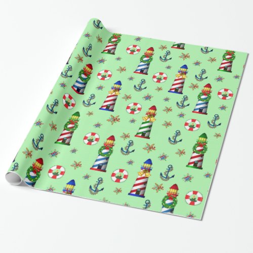 Nautical Christmas Lighthouses on Green Background Wrapping Paper