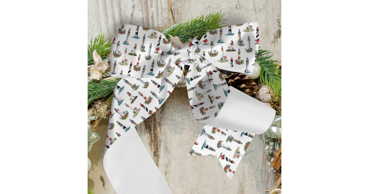 Nautical Christmas Lighthouses Satin Ribbon | Zazzle