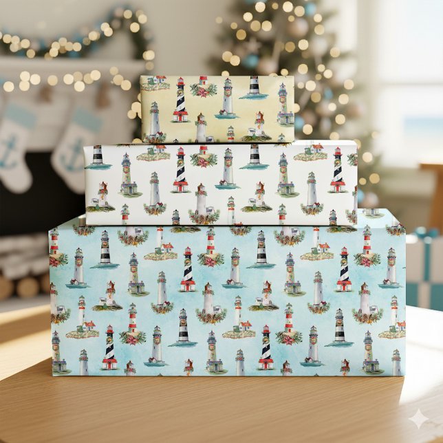 Nautical Christmas Lighthouses Watercolor Coastal Wrapping Paper Sheets (Creator Uploaded)