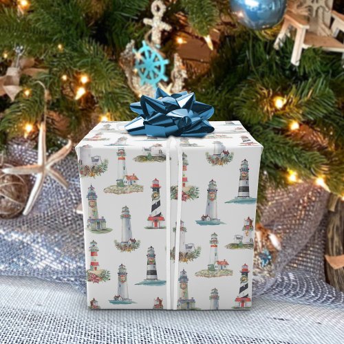 Nautical Christmas Lighthouses White Wrapping Paper