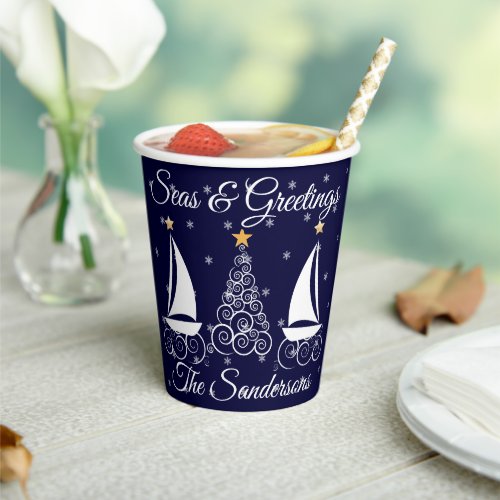 Nautical  Christmas navy blue sailboat   Paper Cups