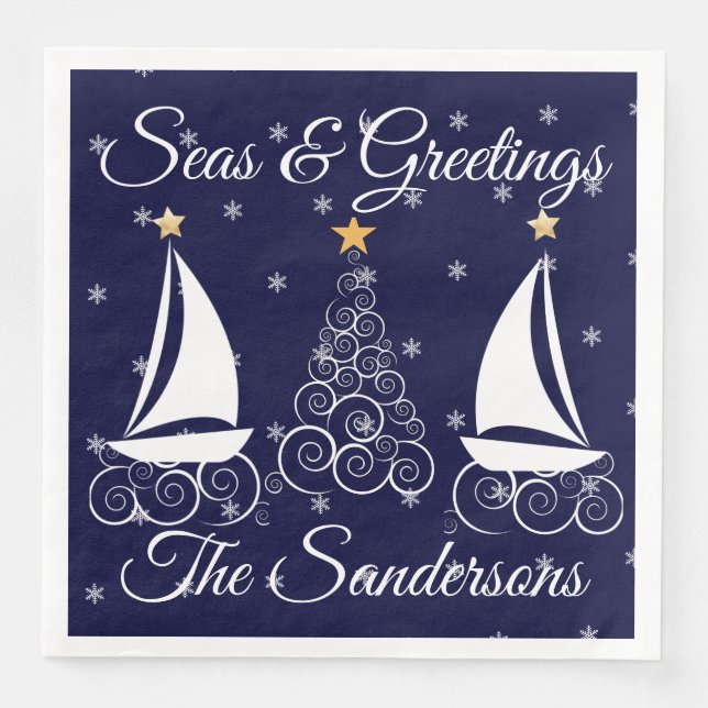 Nautical  Christmas navy blue sailboat  Paper Dinn Paper Dinner Napkins (Front)