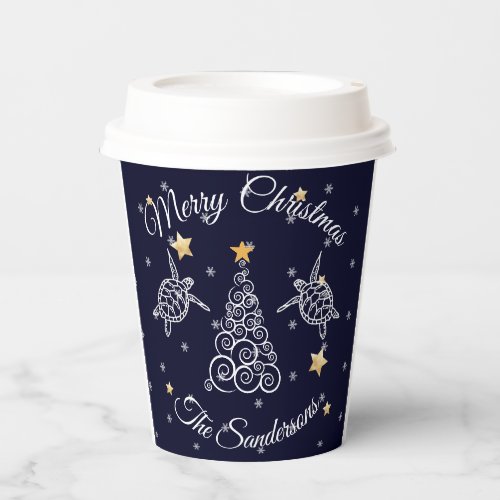 Nautical Christmas navy blue sea turtle Paper Cups