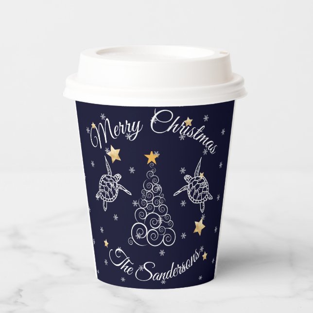 Nautical Christmas navy blue sea turtle Paper Cups (Front)