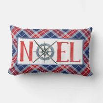 Nautical Christmas NOEL Compass Blue and Red Plaid Lumbar Pillow