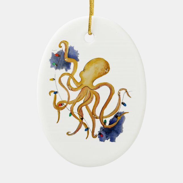 Nautical Christmas Octopus with string fairy light Ceramic Ornament (Front)