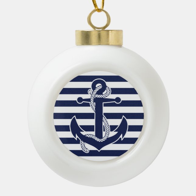 Nautical Christmas Ornaments Ball Navy Blue Anchor (Front)