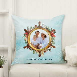 Nautical Christmas Photo Ships Wheel Throw Pillow