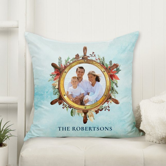 Nautical Christmas Photo Ships Wheel  Throw Pillow (Creator Uploaded)