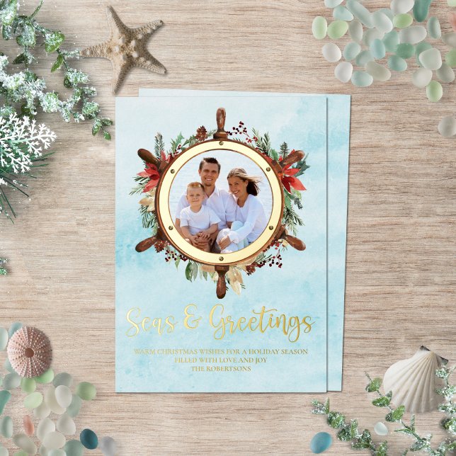 Nautical Christmas Seas and Greetings Photo Gold Foil Holiday Card (Creator Uploaded)