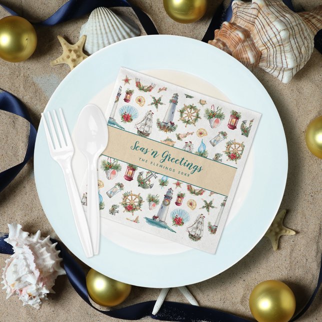 Nautical Christmas Seas n Greetings Personalized Napkins (Creator Uploaded)