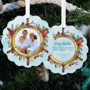 Nautical Christmas Ship Wheel Photo Ornament Card