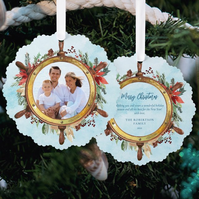Nautical Christmas Ship Wheel Photo  Ornament Card (Creator Uploaded)