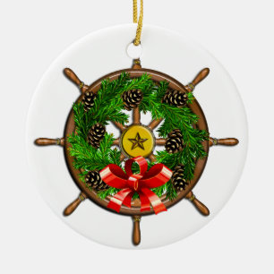 Nautical Christmas Ships Wheel Ceramic Ornament