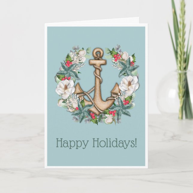 Nautical Christmas Wreath & Anchor Holiday Card (Front)